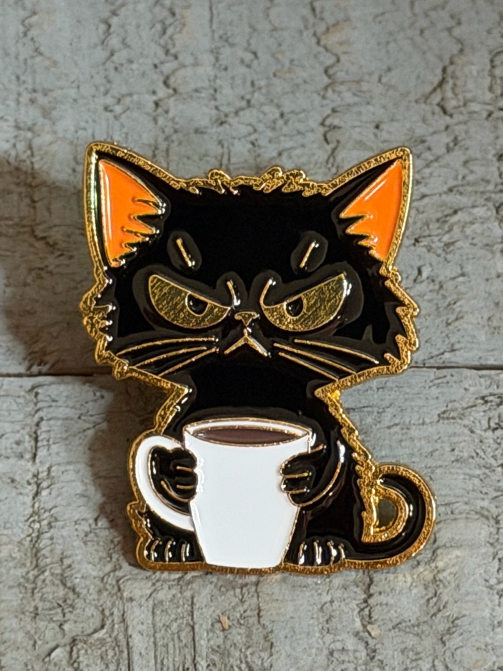 Black Cat Enamel Pin with Coffee Cup -